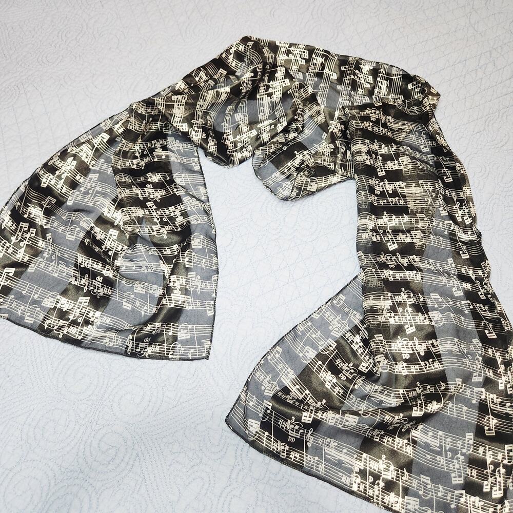 Black & White Music Notes Silky Scarf Long Lightweight Dressy Sheet Music